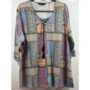 Ulla Popken Top 20/22 Tribal Patchwork 3/4 Sleeve‎ Tie Front